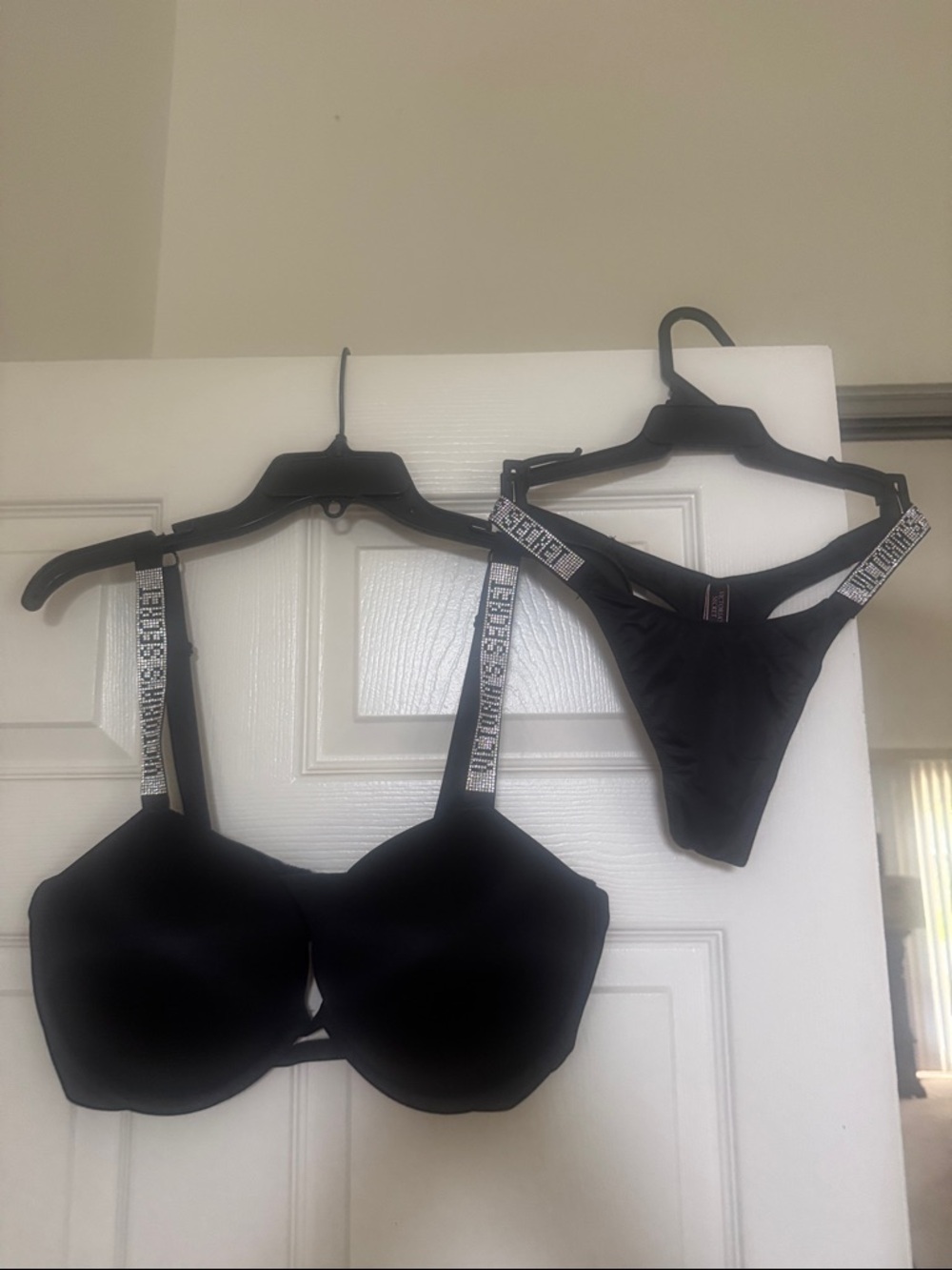 Victoria's Secret Black Logo-Strap Underwire Bra and Thong Set